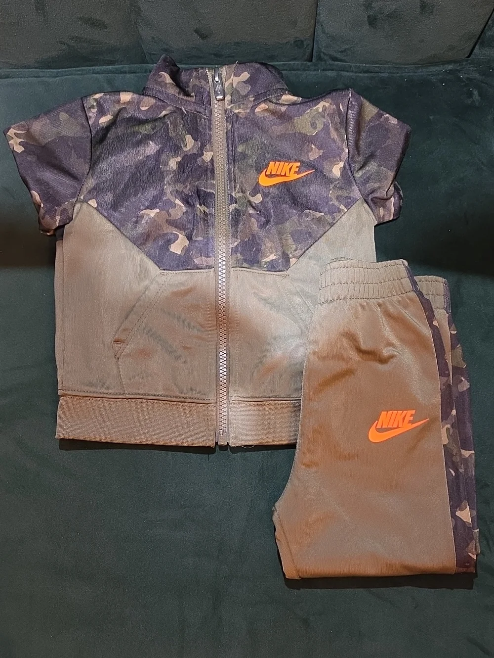 Nike Kids' Green Camo Top & Joggers with Orange Logo